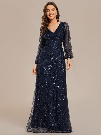 ever RAYVEN|Shimmering All Over V-Neck Long Lantern Sleeve Sequin A-Line Evening Dress