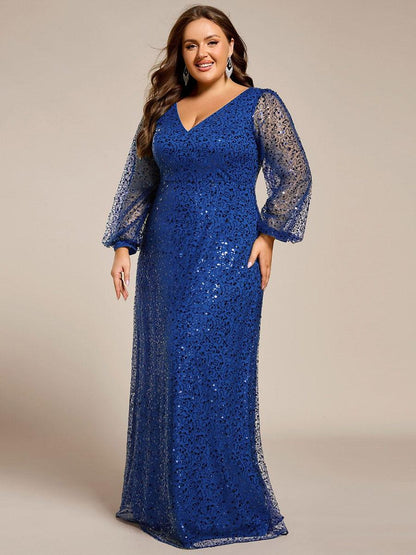 ever RAYVEN|Shimmering All Over V-Neck Long Lantern Sleeve Sequin A-Line Evening Dress