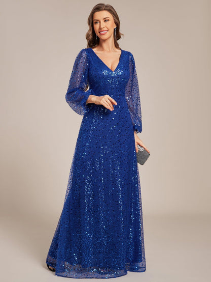 ever RAYVEN|Shimmering All Over V-Neck Long Lantern Sleeve Sequin A-Line Evening Dress