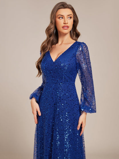 ever RAYVEN|Shimmering All Over V-Neck Long Lantern Sleeve Sequin A-Line Evening Dress
