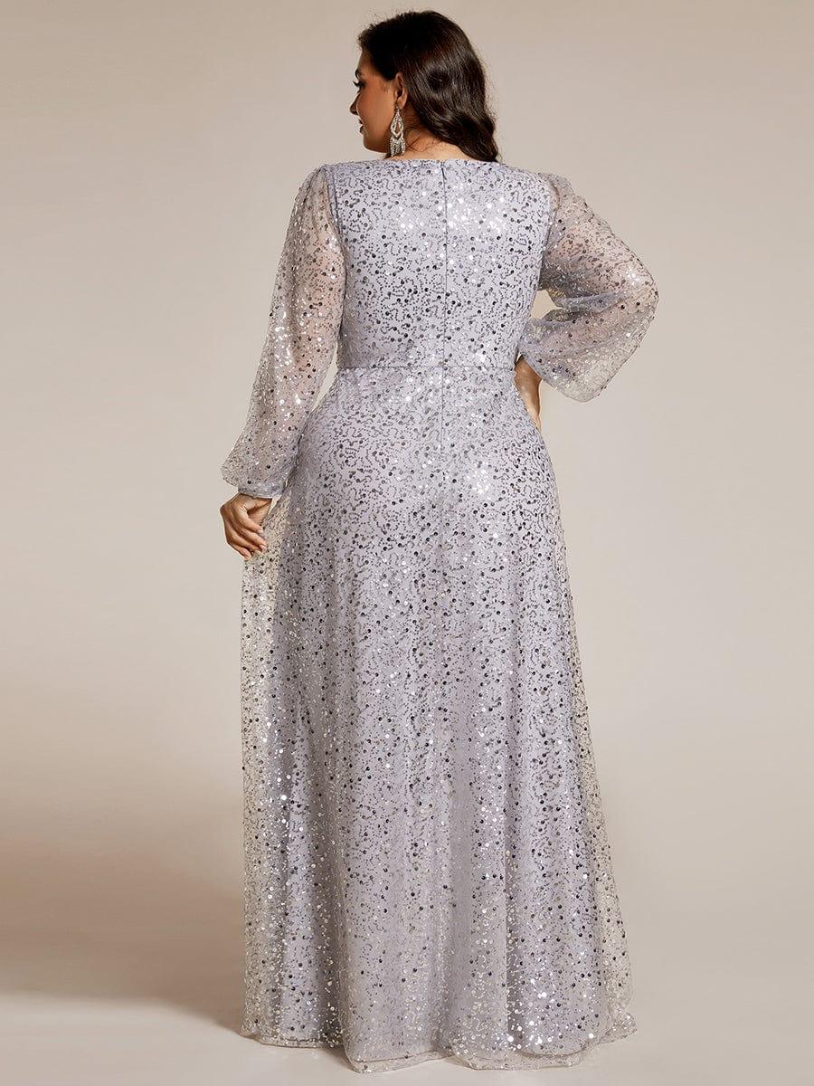 ever RAYVEN|Shimmering All Over V-Neck Long Lantern Sleeve Sequin A-Line Evening Dress