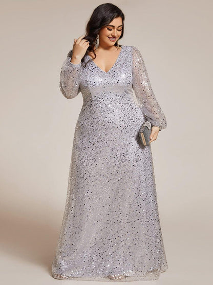 ever RAYVEN|Shimmering All Over V-Neck Long Lantern Sleeve Sequin A-Line Evening Dress