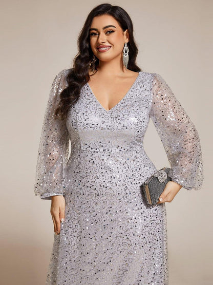 ever RAYVEN|Shimmering All Over V-Neck Long Lantern Sleeve Sequin A-Line Evening Dress