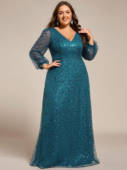 ever RAYVEN|Shimmering All Over V-Neck Long Lantern Sleeve Sequin A-Line Evening Dress