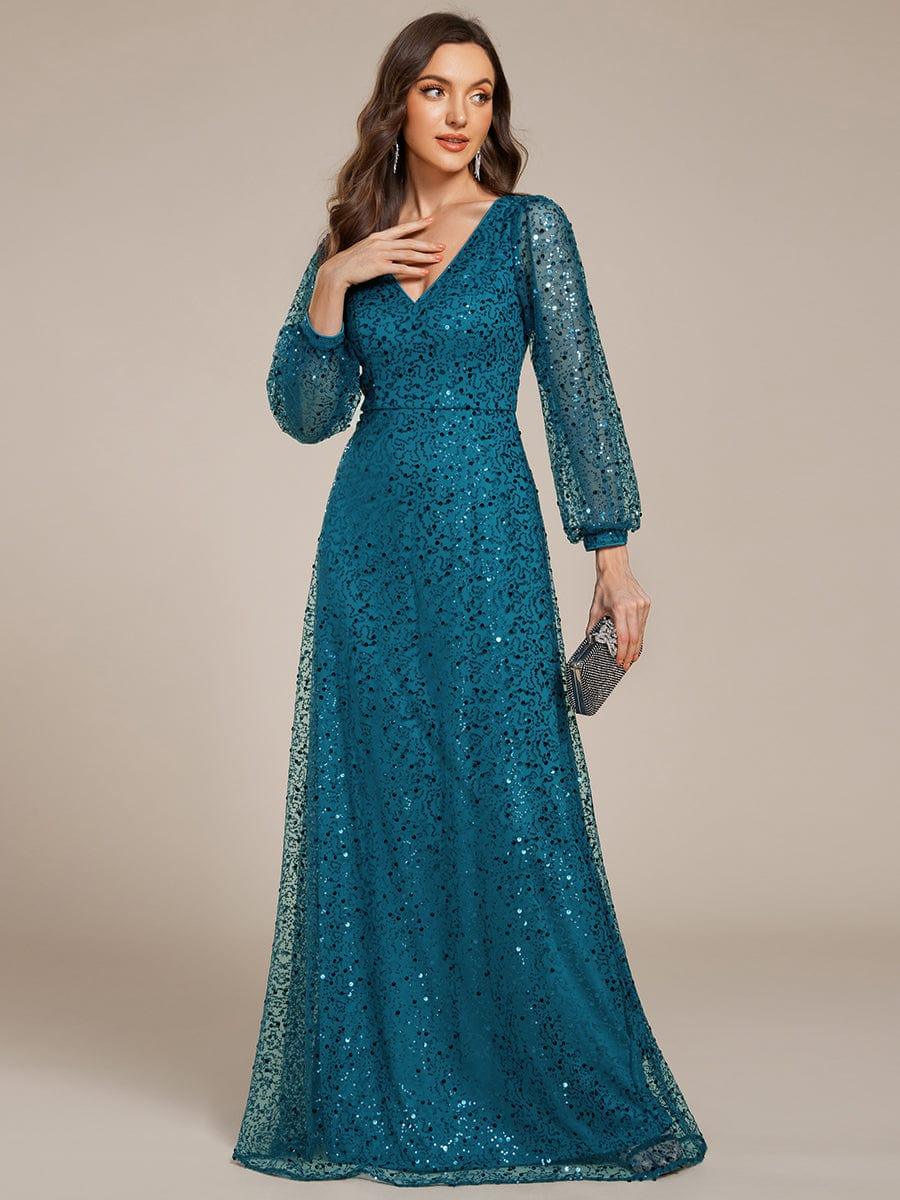 ever RAYVEN|Shimmering All Over V-Neck Long Lantern Sleeve Sequin A-Line Evening Dress