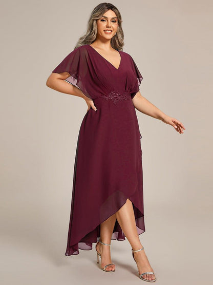 pretty LILAS|Plus Size Chiffon Midi A-Line Ruffle Sleeves Bridesmaid Dress