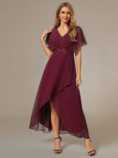 ever LILAS|Elegant Short Sleeves A-Line Waist Applique Formal Dress with Lotus Leaf Hem