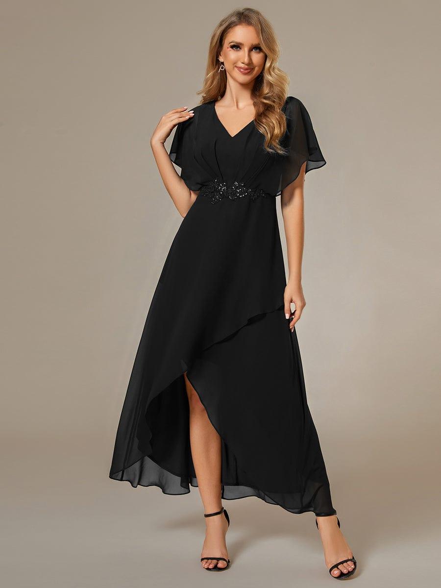 ever LILAS|Elegant Short Sleeves A-Line Waist Applique Formal Dress with Lotus Leaf Hem