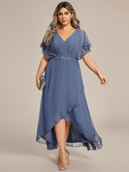 ever LILAS|Elegant Short Sleeves A-Line Waist Applique Formal Dress with Lotus Leaf Hem