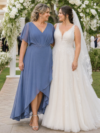 pretty LILAS|Plus Size V-Neck Chiffon Bat-Wing Sleeve A-Line Waist Applique Formal Dress
