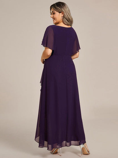 ever LILAS|Elegant Short Sleeves A-Line Waist Applique Formal Dress with Lotus Leaf Hem