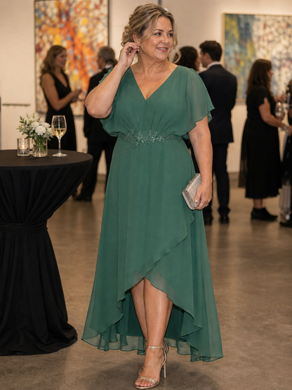 ever LILAS|Elegant Short Sleeves A-Line Waist Applique Formal Dress with Lotus Leaf Hem