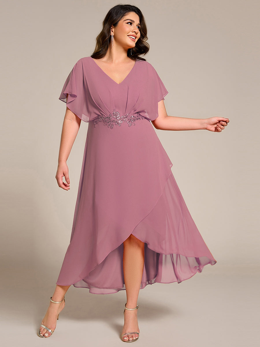 ever LILAS|Elegant Short Sleeves A-Line Waist Applique Formal Dress with Lotus Leaf Hem