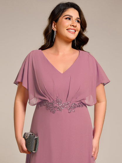 ever LILAS|Elegant Short Sleeves A-Line Waist Applique Formal Dress with Lotus Leaf Hem