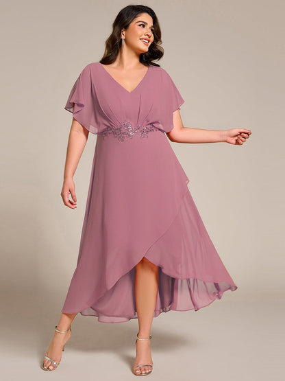 pretty LILAS|Plus Size Chiffon Midi A-Line Ruffle Sleeves Bridesmaid Dress