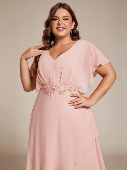 ever LILAS|Elegant Short Sleeves A-Line Waist Applique Formal Dress with Lotus Leaf Hem