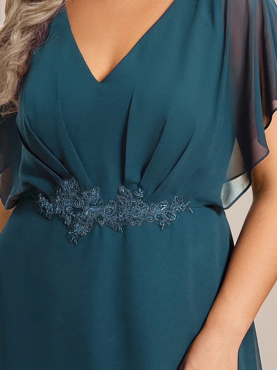 ever LILAS|Elegant Short Sleeves A-Line Waist Applique Formal Dress with Lotus Leaf Hem