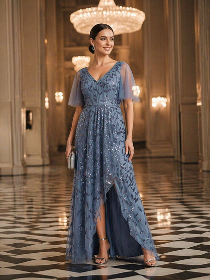 ever ALIX|Short Sleeves Sequin High Low V-Neck Midi Formal Evening Dress