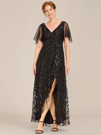ever ALIX|Short Sleeves Sequin High Low V-Neck Midi Mother of the Bride Dress