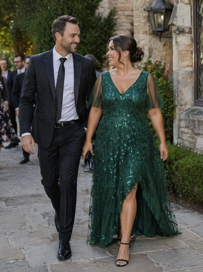 pretty ALIX|Plus Size Short Sleeves Sequin High Low V-Neck Midi Formal Evening Dress