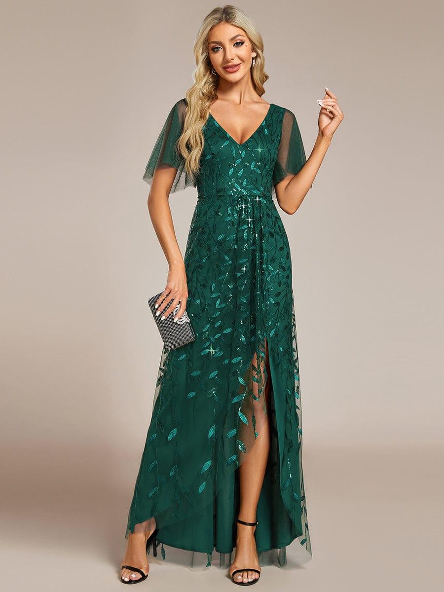 ever ALIX|Short Sleeves Sequin High Low V-Neck Midi Mother of the Bride Dress