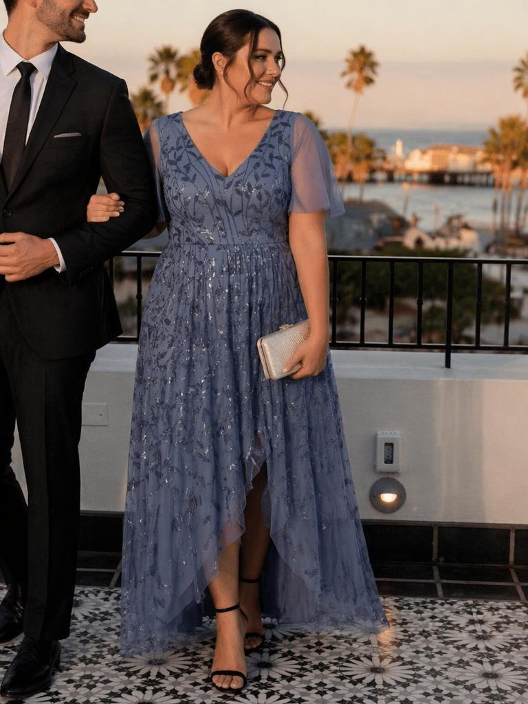 pretty ALIX|Plus Size Short Sleeves Sequin High Low V-Neck Midi Formal Evening Dress