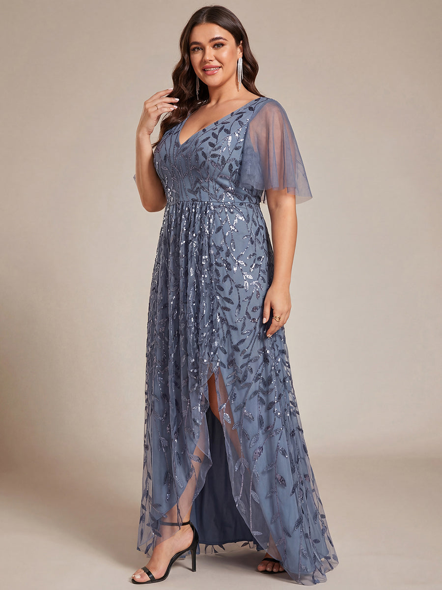 pretty ALIX|Plus Size Short Sleeves Sequin High Low V-Neck Midi Formal Evening Dress