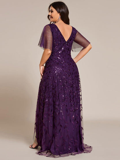 pretty ALIX|Plus Size Short Sleeves Sequin High Low V-Neck Midi Formal Evening Dress