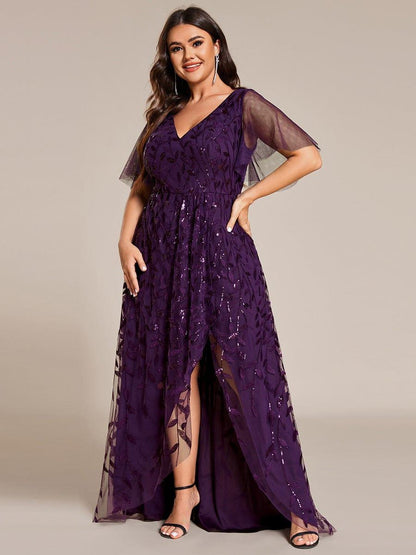 pretty ALIX|Plus Size Short Sleeves Sequin High Low V-Neck Midi Formal Evening Dress