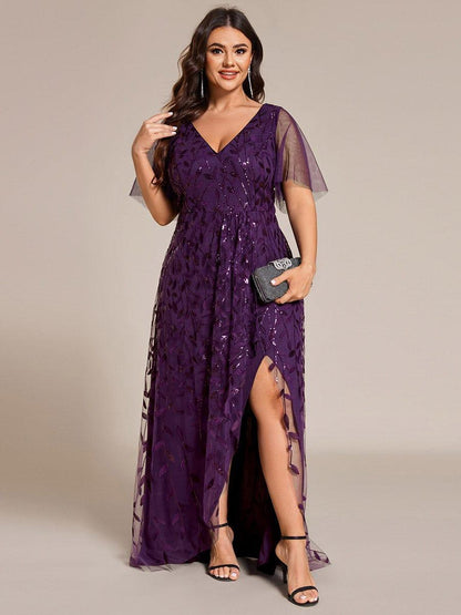 pretty ALIX|Plus Size Short Sleeves Sequin High Low V-Neck Midi Formal Evening Dress