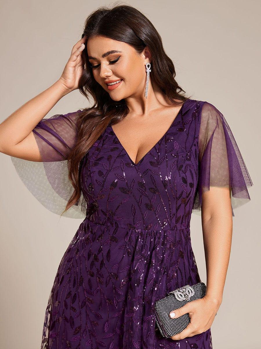 pretty ALIX|Plus Size Short Sleeves Sequin High Low V-Neck Midi Formal Evening Dress