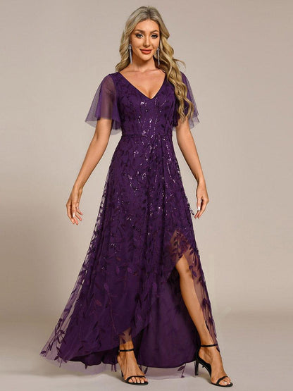 ever ALIX|Short Sleeves Sequin High Low V-Neck Midi Formal Evening Dress