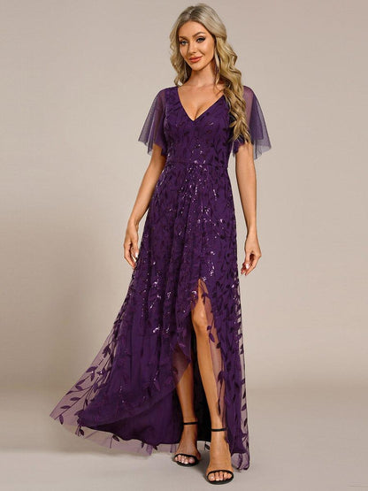 ever ALIX|Short Sleeves Sequin High Low V-Neck Midi Mother of the Bride Dress