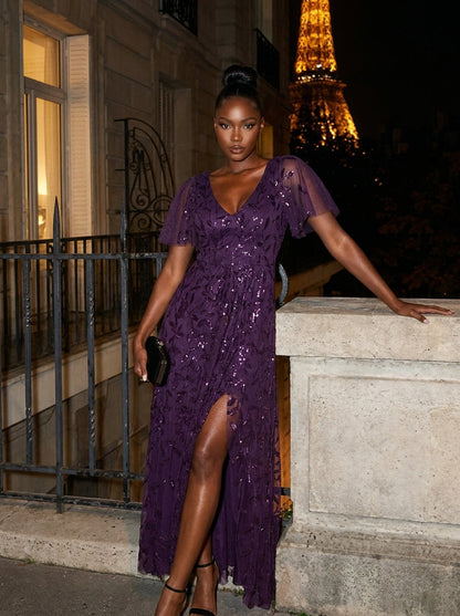 ever ALIX|Short Sleeves Sequin High Low V-Neck Midi Formal Evening Dress