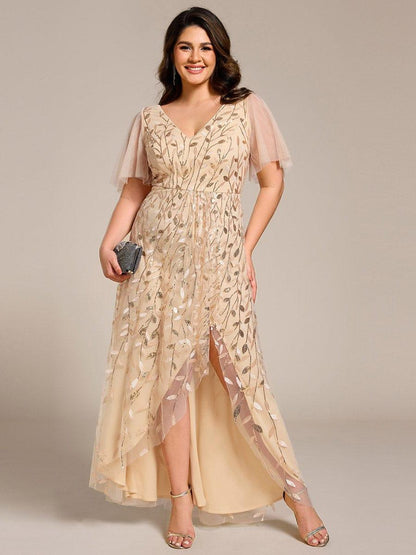 pretty ALIX|Plus Size Short Sleeves Sequin High Low V-Neck Midi Formal Evening Dress