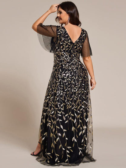 pretty ALIX|Plus Size Short Sleeves Sequin High Low V-Neck Midi Formal Evening Dress