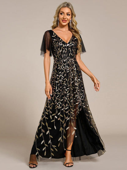 ever ALIX|Short Sleeves Sequin High Low V-Neck Midi Formal Evening Dress