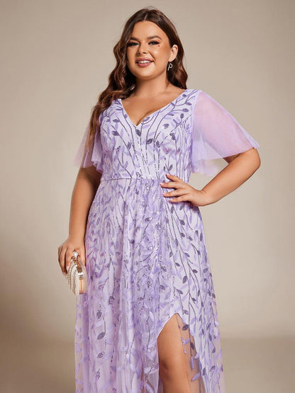 pretty ALIX|Plus Size Short Sleeves Sequin High Low V-Neck Midi Formal Evening Dress