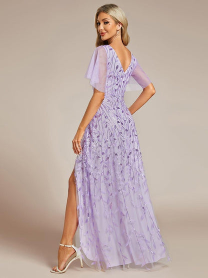 ever ALIX|Short Sleeves Sequin High Low V-Neck Midi Formal Wedding Guest Dress