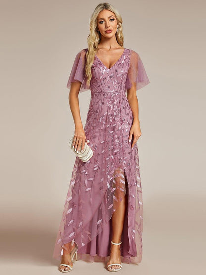 ever ALIX|Short Sleeves Sequin High Low V-Neck Midi Formal Wedding Guest Dress