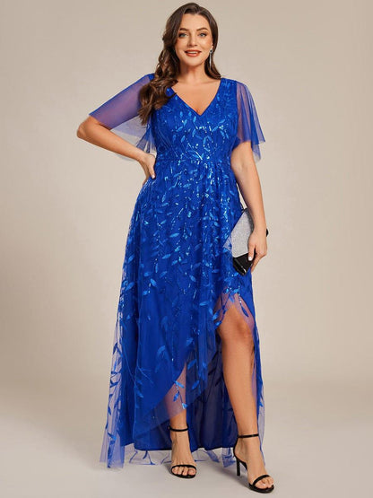 ever ALIX|Short Sleeves Sequin High Low V-Neck Midi Mother of the Bride Dress