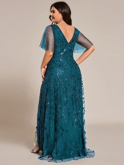 ever ALIX|Short Sleeves Sequin High Low V-Neck Midi Formal Evening Dress