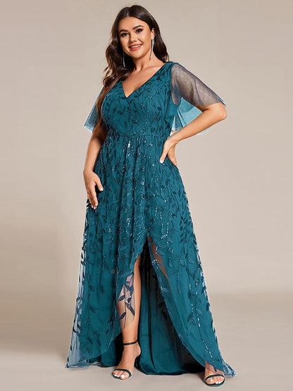 ever ALIX|Short Sleeves Sequin High Low V-Neck Midi Formal Evening Dress