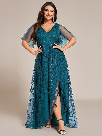 ever ALIX|Short Sleeves Sequin High Low V-Neck Midi Formal Evening Dress