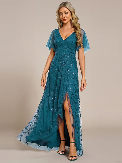 ever ALIX|Short Sleeves Sequin High Low V-Neck Midi Formal Evening Dress