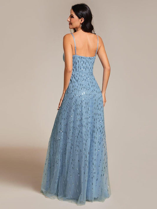 Paillette Spaghetti Straps Formal Evening Dress with Deep V-Neck