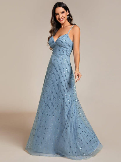 Paillette Spaghetti Straps Formal Evening Dress with Deep V-Neck