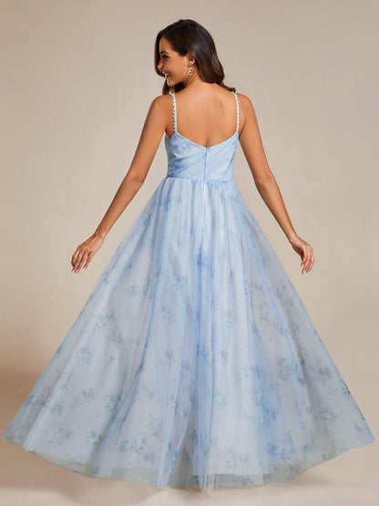ever EMMIE|Floral Printed Empire Waist Spaghetti Strap Formal Evening Dress with V-Neck