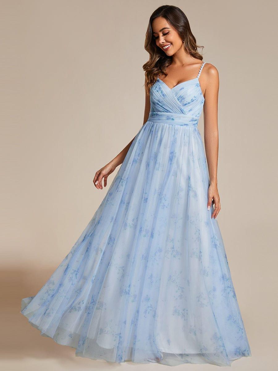 ever EMMIE|Floral Printed Empire Waist Spaghetti Strap Formal Evening Dress with V-Neck