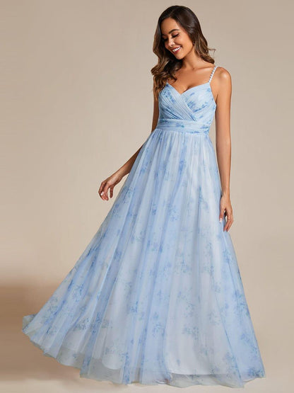 ever EMMIE|Floral Printed Empire Waist Spaghetti Strap Formal Evening Dress with V-Neck